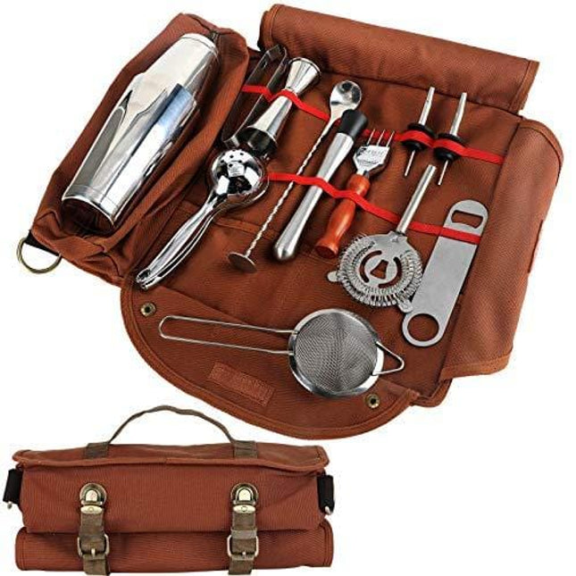 Bartender Kit Bag Pack of 12 – Portable Bar Tool Roll Bag, Perfect for traveling and Party Event – GJB01 (Bag+Tools)