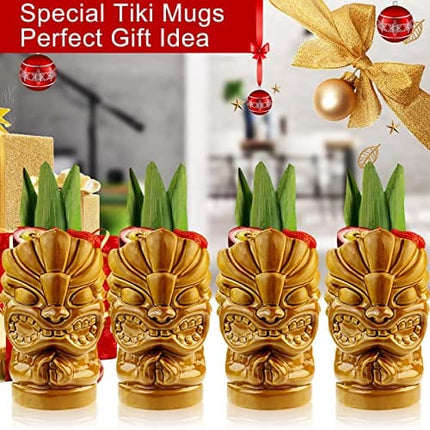 Tiki Glasses for Cocktails Tiki Mugs Set of 4 Creative Large Ceramic Tiki Cups 29oz Tropical Hawaiian Tiki Glass Drinks Party Bar Home Drinkware Premium Exotic Vintage Glasses Mug Barware 4 Packs
