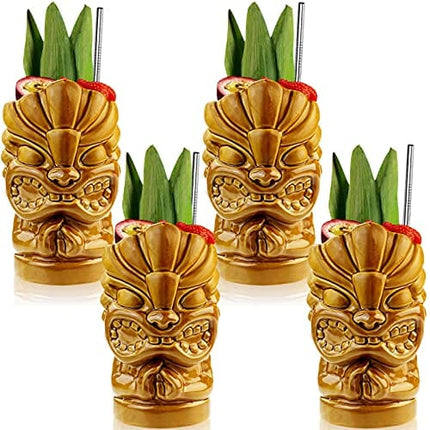 Tiki Glasses for Cocktails Tiki Mugs Set of 4 Creative Large Ceramic Tiki Cups 29oz Tropical Hawaiian Tiki Glass Drinks Party Bar Home Drinkware Premium Exotic Vintage Glasses Mug Barware 4 Packs