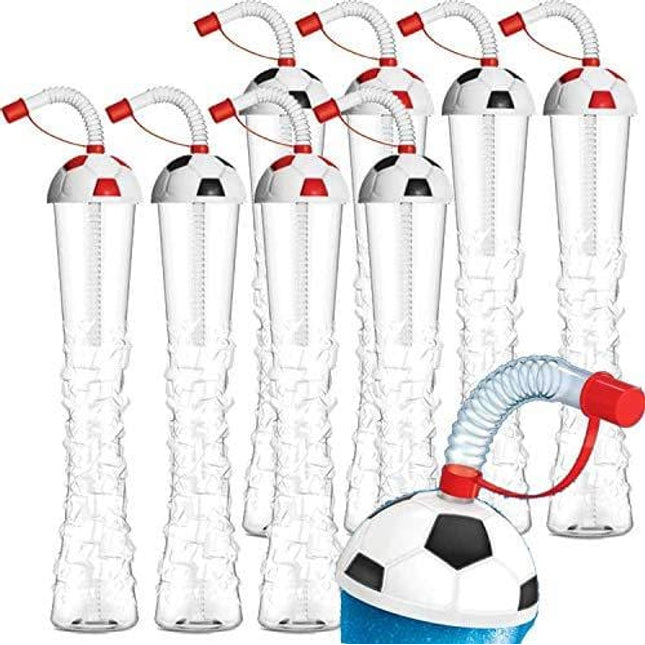 Soccer Ball Ice Yard Cups Party 8-PACK - for Margaritas, Cold Drinks, Frozen Drinks, Kids Parties - 17 oz. (500 ml) - set of 8 Yard Cups. BPA Free and Crack Resistant (Red and Black Soccer Lids))