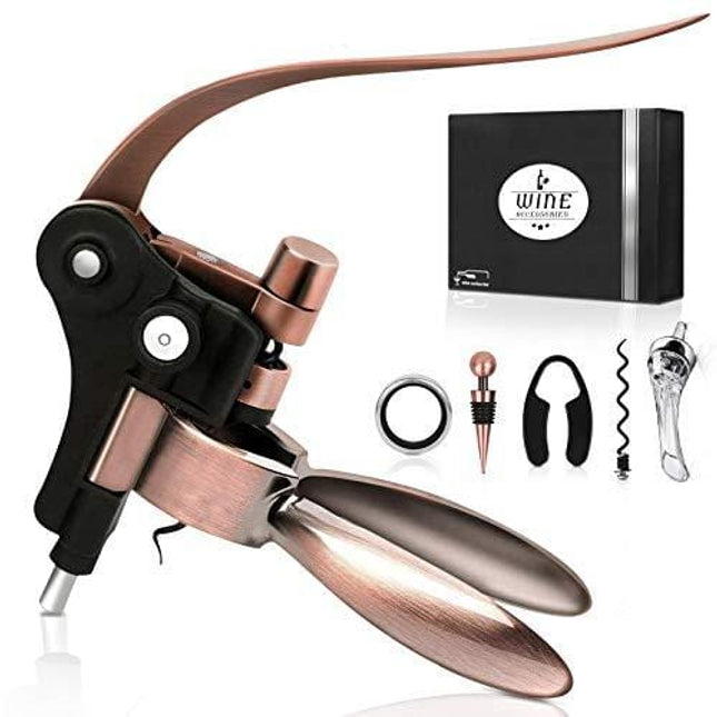 Wine Openers Set - Lever Wine Bottle Opener Kit - Corkscrew Set-[Professional Upgraded] Wine Accessories with Gift Box-with Cutter,Wine Aerator,Wine Stopper and Extra Spiral - (Copper)