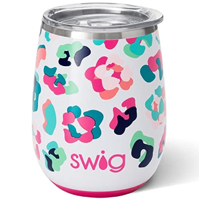 Swig Life 14oz Wine Tumbler with Lid, Stainless Steel, Dishwasher Safe, Portable, Triple Insulated Wine Tumbler in Party Animal Leopard Print