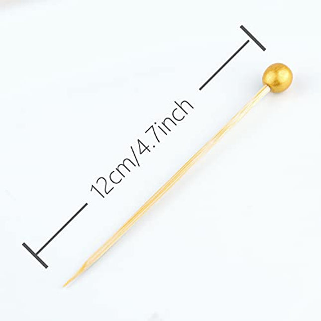 100 Counts Bamboo Cocktail Picks, 4.7 Inch Handmade Wooden Fruit Sticks Cocktail Skewers, Cocktail Sticks for Appetizer Drinks Fruits Sandwich Party Decorative Food Picks- Matte Gold Pearl