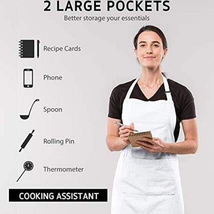 Syntus 2 Pack Adjustable Bib Apron Waterdrop Resistant with 2 Pockets Cooking Kitchen Aprons for BBQ Drawing, Women Men Chef, White