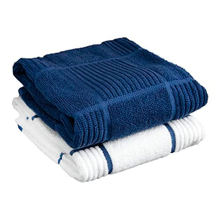 T-Fal Textiles 60918 2-Pack Solid & Check Parquet Design 100-Percent Cotton Kitchen Dish Towel, Blue, Solid/Check-2 Pack, 2 Count
