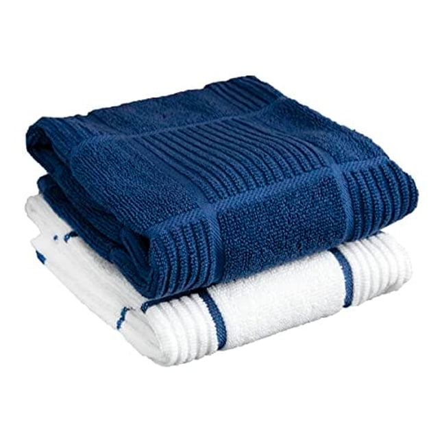 T-Fal Textiles 60918 2-Pack Solid & Check Parquet Design 100-Percent Cotton Kitchen Dish Towel, Blue, Solid/Check-2 Pack, 2 Count