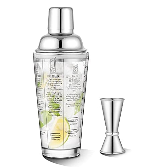 Glass Cocktail Shaker Printed with Recipes,14 oz Martini Shaker with Double Measuring Jigger,18/8 Grade Stainless Steel Mixing Shaker,Leak-Proof Lid,Drink Shaker,Bartender Kit Gifts.
