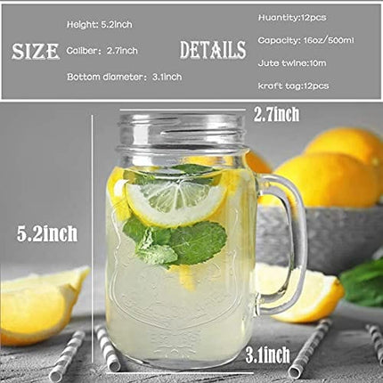 Mason Jar Cups, Mason Jars With Handle And Lids, Mason Jar Drinking Glasses, Glass Mason Jar Mugs 16 oz –12 Pack