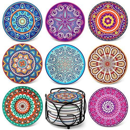 Teivio Absorbing Stone Mandala Coasters for Drinks Cork Base, with Holder, for Friends, Men, Women, Funny Birthday Housewarming, Apartment Kitchen Room Bar Decor, Suitable for Wooden Table, Set of 8