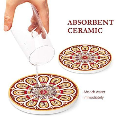 Teivio Absorbing Stone Mandala Coasters for Drinks Cork Base, with Holder, for Friends, Men, Women, Funny Birthday Housewarming, Apartment Kitchen Room Bar Decor, Suitable for Wooden Table, Set of 8