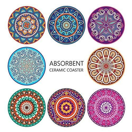 Teivio Absorbing Stone Mandala Coasters for Drinks Cork Base, with Holder, for Friends, Men, Women, Funny Birthday Housewarming, Apartment Kitchen Room Bar Decor, Suitable for Wooden Table, Set of 8