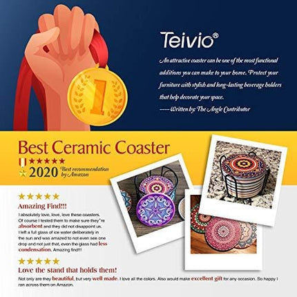 Teivio Absorbing Stone Mandala Coasters for Drinks Cork Base, with Holder, for Friends, Men, Women, Funny Birthday Housewarming, Apartment Kitchen Room Bar Decor, Suitable for Wooden Table, Set of 8