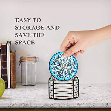 Teivio Absorbing Stone Mandala Coasters for Drinks Cork Base, with Holder, for Friends, Men, Women, Funny Birthday Housewarming, Apartment Kitchen Room Bar Decor, Suitable for Wooden Table, Set of 8