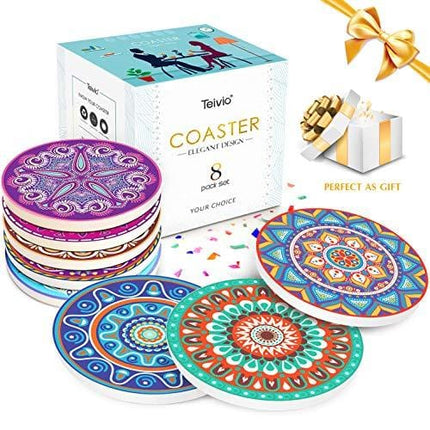 Teivio Absorbing Stone Mandala Coasters for Drinks Cork Base, with Holder, for Friends, Men, Women, Funny Birthday Housewarming, Apartment Kitchen Room Bar Decor, Suitable for Wooden Table, Set of 8