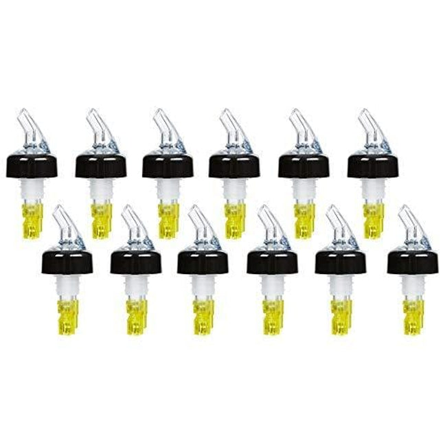 (Pack of 12) Measured Liquor Bottle Pourers, 1.5 oz, Clear Spout Bottle Pourer with Yellow Tail and Black Collar, Measured Pour Spouts by Tezzorio