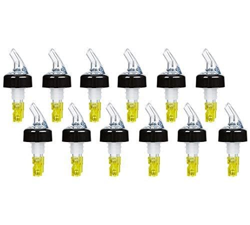 (Pack of 12) Measured Liquor Bottle Pourers, 1.5 oz, Clear Spout Bottle Pourer with Yellow Tail and Black Collar, Measured Pour Spouts by Tezzorio
