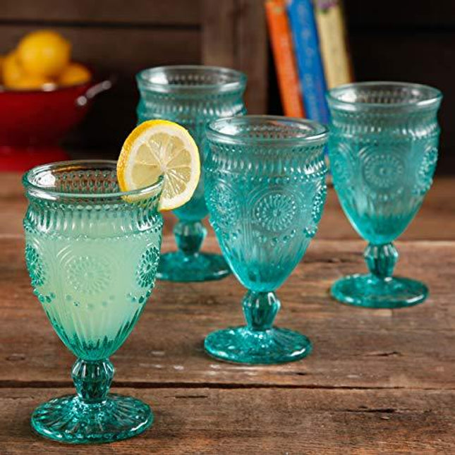The Pioneer Woman Adeline Embossed 12-Ounce Footed Glass Goblets, Set of 4 (Turquoise) (PACK OF 2)