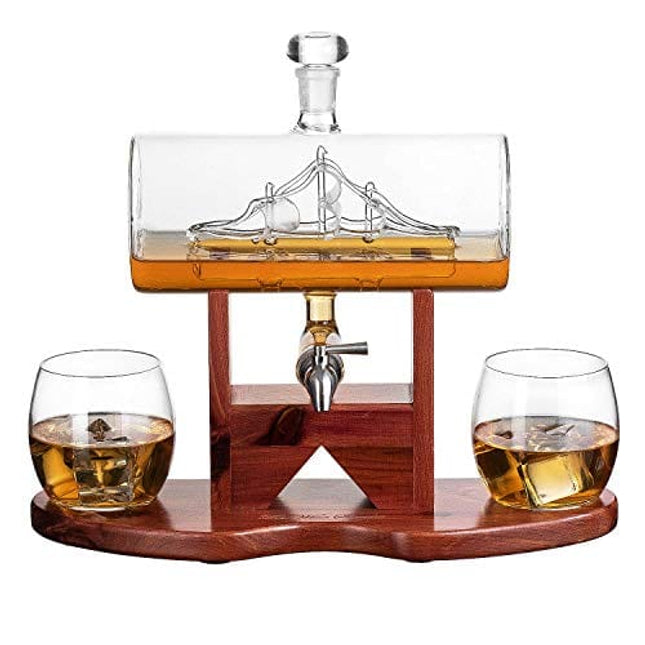 Whiskey Decanter Set, 1250ml Ship Whiskey Decanter with 2 Whiskey Glasses and Beautiful Stand Gift for Dad, Husband or Boyfriend by The Wine Savant