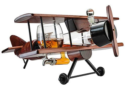 Whiskey & Wine Decanter Airplane Set and Glasses Antique Wood Airplane - The Wine Savant Whiskey Gift Set and 2 Airplane Glasses, Pilot Gift Moving Parts- Alcohol Related Gift, BAR DECOR Large 21"