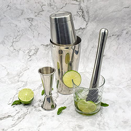 TheBarsentials Boston Shaker Set for Cocktails with 28oz and 18oz Weighted Tins, Professional Muddler and Jigger - Stainless Steel Bar Tools (4pc set)