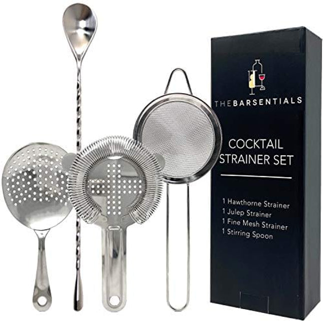 TheBarsentials Cocktail Strainer Set Stainless Steel Bar Tool with Stirring Spoon - Hawthorne Strainer, Julep Strainer, Fine-Mesh Strainer/Sifter