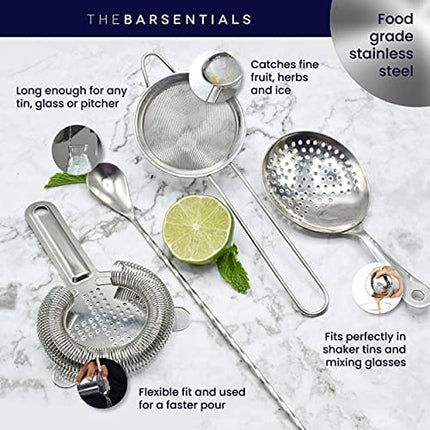 TheBarsentials Cocktail Strainer Set Stainless Steel Bar Tool with Stirring Spoon - Hawthorne Strainer, Julep Strainer, Fine-Mesh Strainer/Sifter