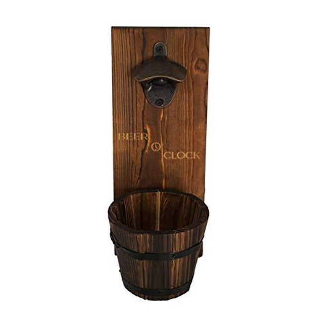 Thirsty Solutions - “Beer O’ Clock” Rustic Wall Mounted Bottle Opener and Catcher - Dark Stain Pine with Zinc Alloy Opener - Removable Wooden Bucket - Man (or Woman) Cave Ready