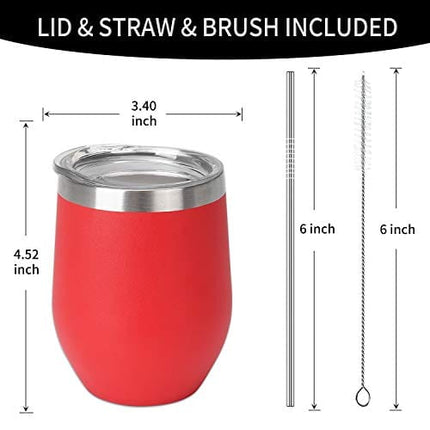 THLEITE 6 pack 12 oz Stainless Steel Stemless Wine Glass Tumbler, Double Wall Vacuum Insulated Wine Tumbler with Lids, Gift Pack for Coffee, Wine, Cocktails, Including 6 Straws & 6 Brushes