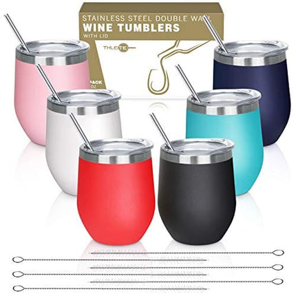 THLEITE 6 pack 12 oz Stainless Steel Stemless Wine Glass Tumbler, Double Wall Vacuum Insulated Wine Tumbler with Lids, Gift Pack for Coffee, Wine, Cocktails, Including 6 Straws & 6 Brushes