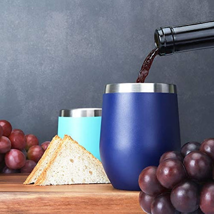 THLEITE 6 pack 12 oz Stainless Steel Stemless Wine Glass Tumbler, Double Wall Vacuum Insulated Wine Tumbler with Lids, Gift Pack for Coffee, Wine, Cocktails, Including 6 Straws & 6 Brushes