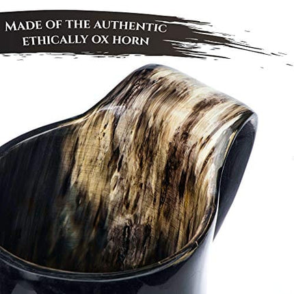 Thor Horn Drinking Horn Mug for Men and Women - Genuine Handcrafted Viking Horn Cup for Mead, Ale and Beer - Original Medieval 15-20 Oz Stein Mug with Burlap Sack (Wooden Base)