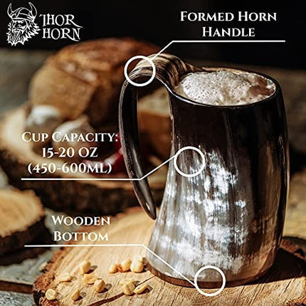 Thor Horn Drinking Horn Mug for Men and Women - Genuine Handcrafted Viking Horn Cup for Mead, Ale and Beer - Original Medieval 15-20 Oz Stein Mug with Burlap Sack (Wooden Base)