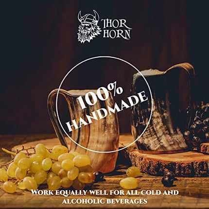 Thor Horn Drinking Horn Mug for Men and Women - Genuine Handcrafted Viking Horn Cup for Mead, Ale and Beer - Original Medieval 15-20 Oz Stein Mug with Burlap Sack (Wooden Base)