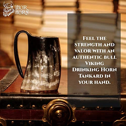 Thor Horn Drinking Horn Mug for Men and Women - Genuine Handcrafted Viking Horn Cup for Mead, Ale and Beer - Original Medieval 15-20 Oz Stein Mug with Burlap Sack (Wooden Base)