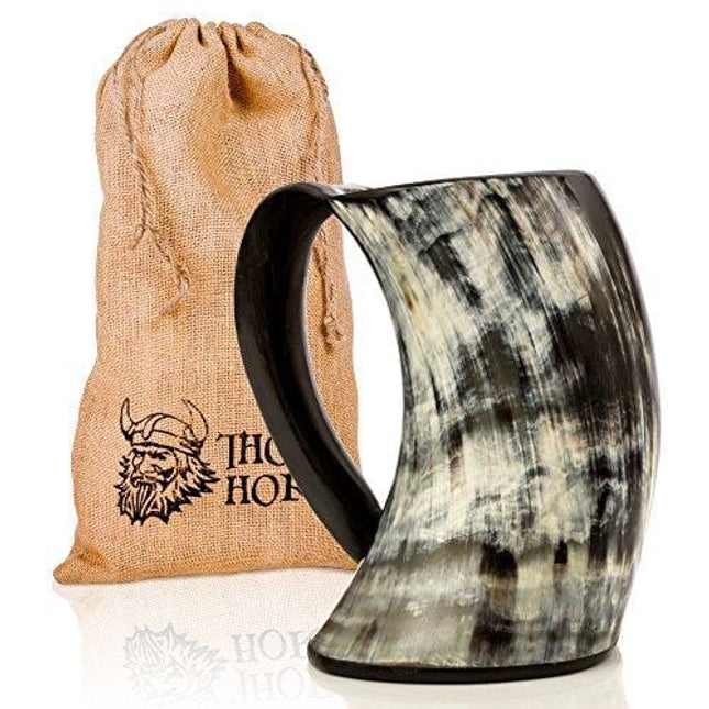 Thor Horn Drinking Horn Mug with Acrylic Base - Genuine Handcrafted Viking Horn Cup for Mead, Ale and Beer - Original Medieval Stein Mug with Burlap Sack