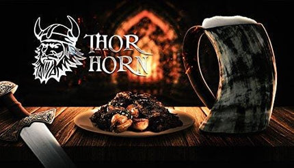 Thor Horn Drinking Horn Mug with Acrylic Base - Genuine Handcrafted Viking Horn Cup for Mead, Ale and Beer - Original Medieval Stein Mug with Burlap Sack