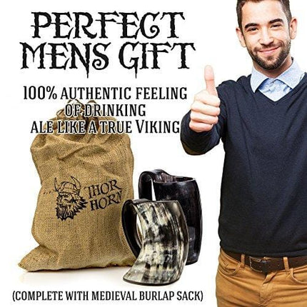 Thor Horn Drinking Horn Mug with Acrylic Base - Genuine Handcrafted Viking Horn Cup for Mead, Ale and Beer - Original Medieval Stein Mug with Burlap Sack