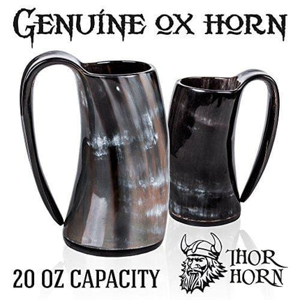 Thor Horn Drinking Horn Mug with Acrylic Base - Genuine Handcrafted Viking Horn Cup for Mead, Ale and Beer - Original Medieval Stein Mug with Burlap Sack