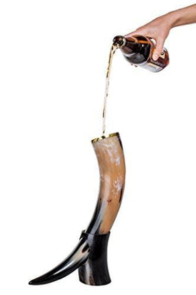 Thor Horn Large Viking Drinking Horn with Stand - Genuine Handcrafted Viking Horn Cup for Mead, Ale and Beer - Original Medieval 20 oz Mug and Burlap Gift Sack (Horn Stand)