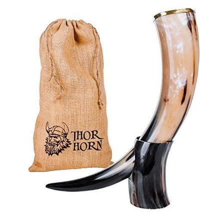 Thor Horn Large Viking Drinking Horn with Stand - Genuine Handcrafted Viking Horn Cup for Mead, Ale and Beer - Original Medieval 20 oz Mug and Burlap Gift Sack (Horn Stand)