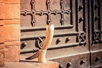 Thor Horn Large Viking Drinking Horn with Stand - Genuine Handcrafted Viking Horn Cup for Mead, Ale and Beer - Original Medieval 20 oz Mug and Burlap Gift Sack (Horn Stand)