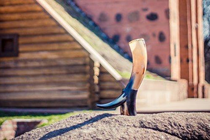 Thor Horn Large Viking Drinking Horn with Stand - Genuine Handcrafted Viking Horn Cup for Mead, Ale and Beer - Original Medieval 20 oz Mug and Burlap Gift Sack (Horn Stand)