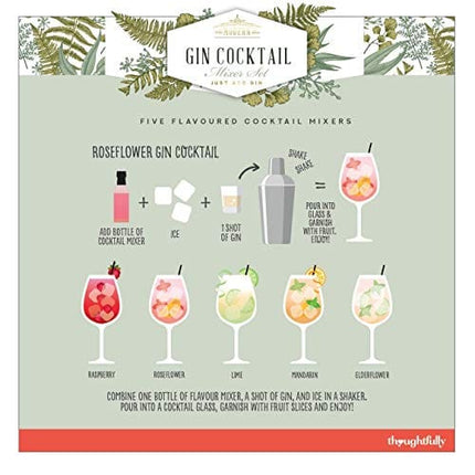Thoughtfully Cocktails, Premium Gin Cocktail Mixers Gift Set, Pre-Measured Mixers Include Fruit Flavors Lime, Elder-Flower, Rose Flower, Mandarin and Raspberry, Set of 5 (Contains NO Alcohol)