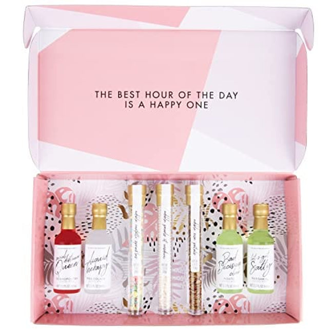 Thoughtfully Gifts, Cocktail Therapy Gift Set, Includes 4 Cocktail Mixers and Edible Pearl, Rose Petal and Confetti Garnishes (Contains NO Alcohol)