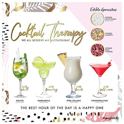 Thoughtfully Gifts, Cocktail Therapy Gift Set, Includes 4 Cocktail Mixers and Edible Pearl, Rose Petal and Confetti Garnishes (Contains NO Alcohol)