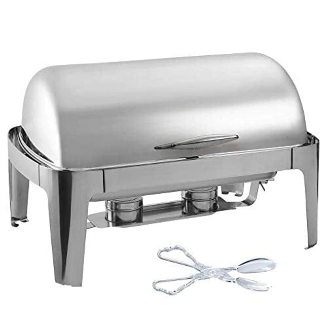 Tiger Chef Chafing Dish Buffet Set - Stainless Steel Chafer - Roll-Top Chaffing Dishes 8 Quart and Plastic Salad Tong - Chafer and Buffet Warmer Set