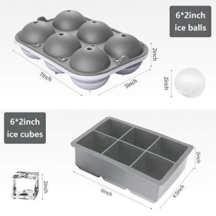 TINANA Ice Cube Tray, 2” Ice Cube Trays & 2” Ice Ball Mold, 2Pack Large Round Sphere Ice Ball Maker, Silicone Square Ice Cube Trays for Chilled Whiskey, Cocktails, Bourbon&Brandy(Gray)