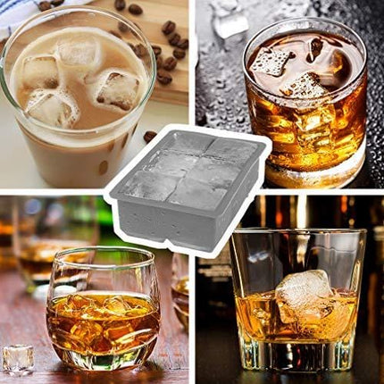 TINANA Ice Cube Tray, 2” Ice Cube Trays & 2” Ice Ball Mold, 2Pack Large Round Sphere Ice Ball Maker, Silicone Square Ice Cube Trays for Chilled Whiskey, Cocktails, Bourbon&Brandy(Gray)