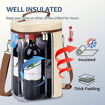 Tirrinia 4 Bottle Wine Carrier - Insulated Padded Portable Versatile Canvas Carrying Cooler Tote Bag for Travel, BYOB Restaurant, Wine Tasting, Party, Christmas Gift for Wine Lover, Beige