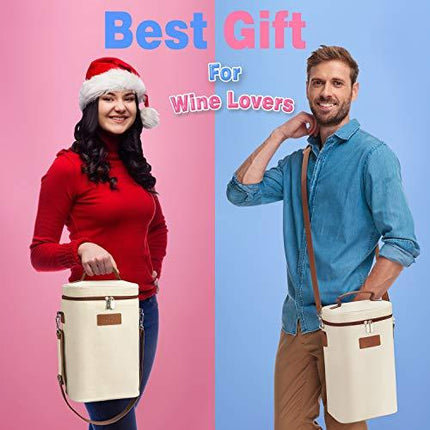 Tirrinia 4 Bottle Wine Carrier - Insulated Padded Portable Versatile Canvas Carrying Cooler Tote Bag for Travel, BYOB Restaurant, Wine Tasting, Party, Christmas Gift for Wine Lover, Beige